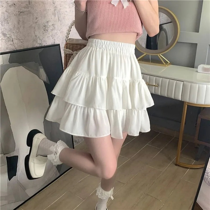 maoxiangshop White Ruffles Mini Skirt Women Kawaii Elastic Waist A-line Loose Preppy Style Cute Short Pleated Skirt Korean Fashion