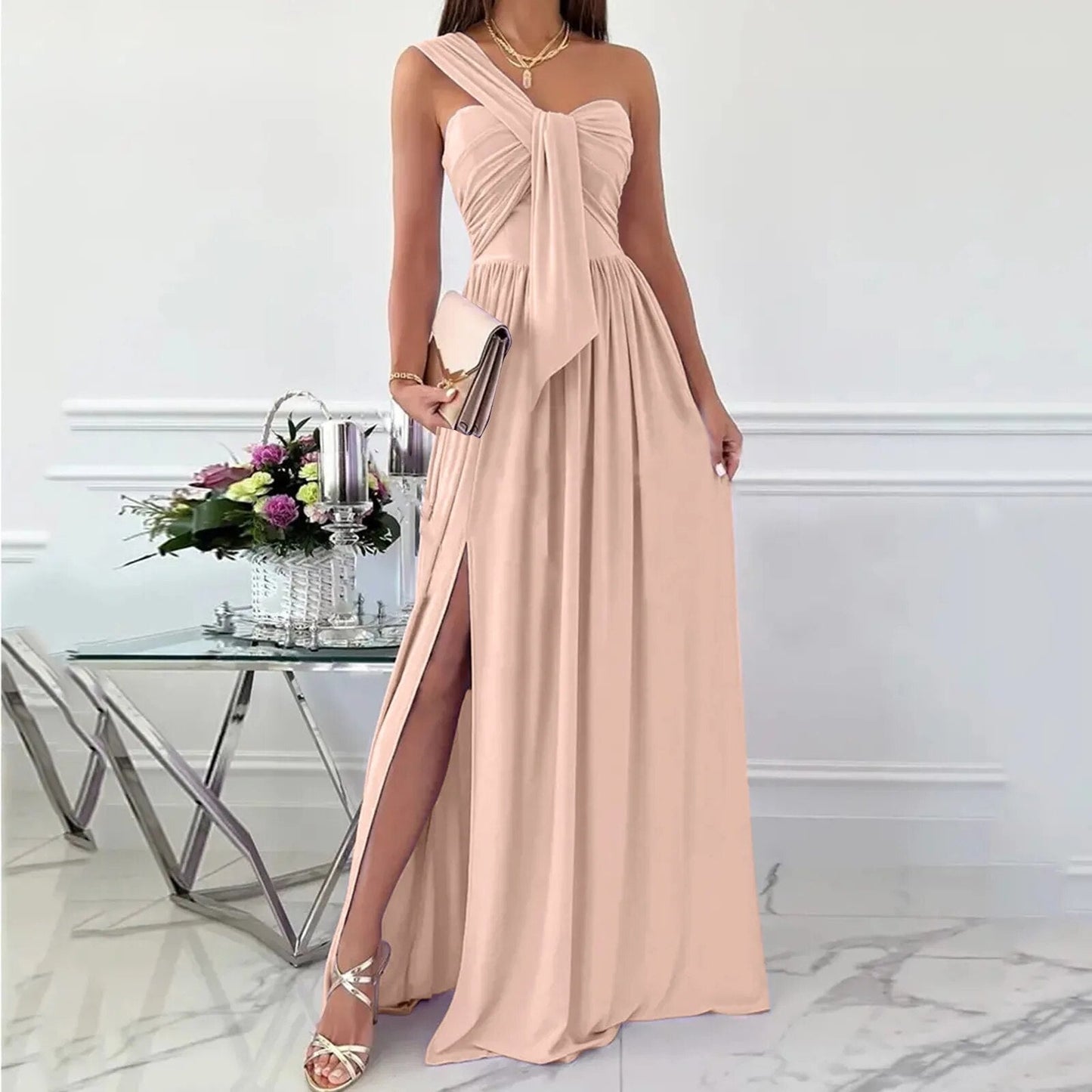 maoxiangshop Women Long One Shoulder Elegant Evening Dress Flower Fashion Elegant Dress Party Festive Casual Long Black Dresses for Women