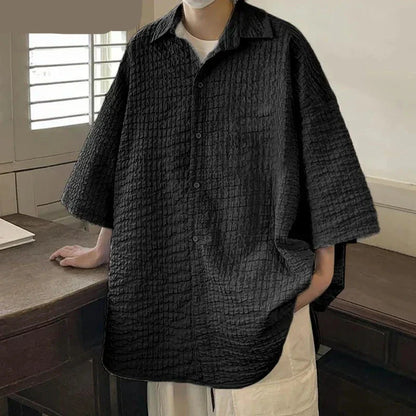 maoxiangshop Handsome Well Fitting Tops New Men's Loose Pleated Design Shirts Casual Streetwear Male Short Sleeved Blouse S-5XL 2024