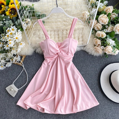 Women A-line Sexy Dress V-Neck Spaghetti Strap Backless Mini Dresses Soild Color Vestidos Slim Trend 2020 High Waist For Party