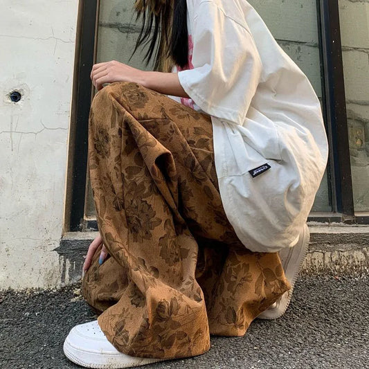 Lucyever Summer Thin Retro Corduroy Pants Women Harajuku Printed Baggy Wide Leg Trousers Teen High Street Unisex Hip Hop Pants