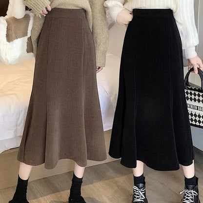 maoxiangshop Corduroy Long Mermaid Skirt Woman Autumn Winter Ruffles High Waist Midi Skirts Women Korean Back Elastic Black Skirts