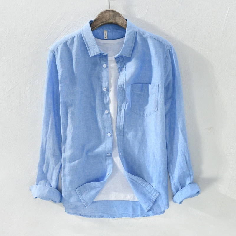 maoxiangshop Mens Cotton Linen Shirt Breathable Casual Solid Colors Loose Turn-down Collar Long Sleeve Button Down Blouse Tops Shirts For Man