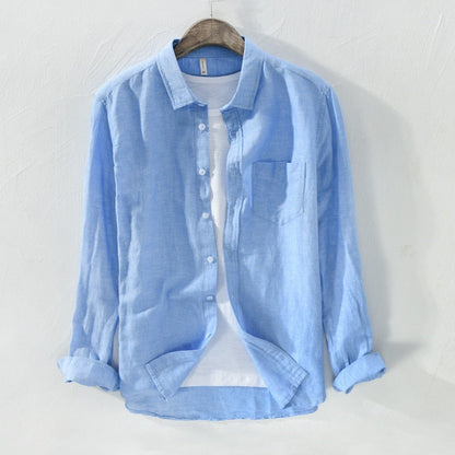 maoxiangshop Mens Cotton Linen Shirt Breathable Casual Solid Colors Loose Turn-down Collar Long Sleeve Button Down Blouse Tops Shirts For Man