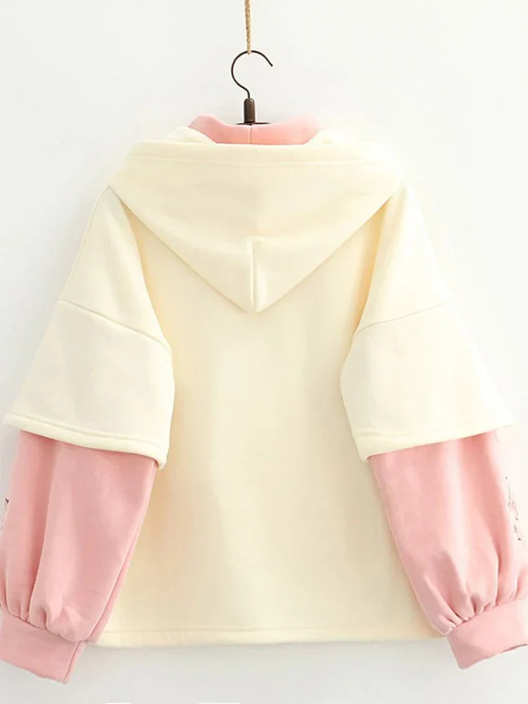 maoxiangshop Floral Embroidery Patchwork Fleece Women Hoodies Winter Thick Drawstring Hooded Sweatshirt Female Plus Velvet Pullovers