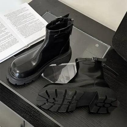 maoxiangshop  -  Autumn Winter Chunky Platform Boots Women Soft Leather Stretch Ankle Boots Fashion Belt Buckle Back Zip Design Knight Boots
