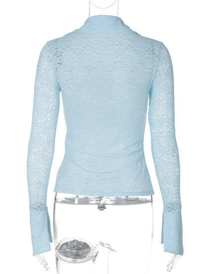 maoxiangshop  -  2024 Autumn Women Solid Lace Shirts Fashion Turn Down Collar Flare Long Sleeve Single Breasted Slim Tops Casual Streetwear