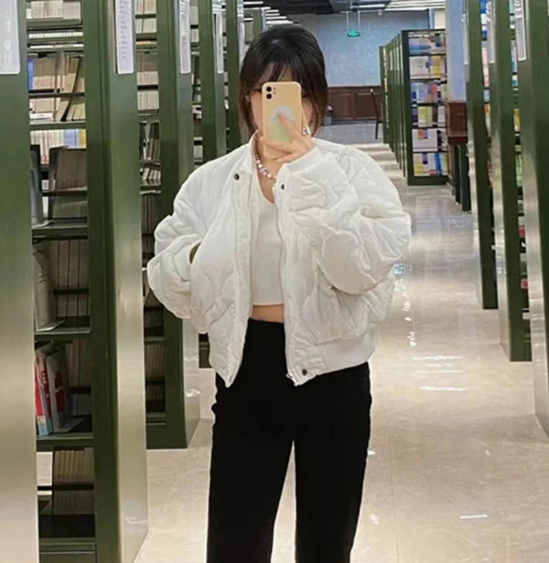 maoxiangshop  -  Short Parkas Women Streetwear Solid Cropped Down Coats Korean Fashion Puffer Jacket Winter Casual Zipper Cotton Padded Outwears