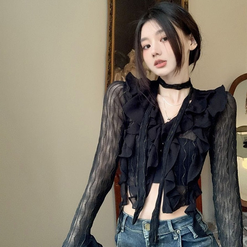 maoxiangshop Women Lace Blouses  Y2k Crop Top Sexy Gothic GrungeFemale Shirts Elegant Black Transparent Cardigan Korean Streetwear