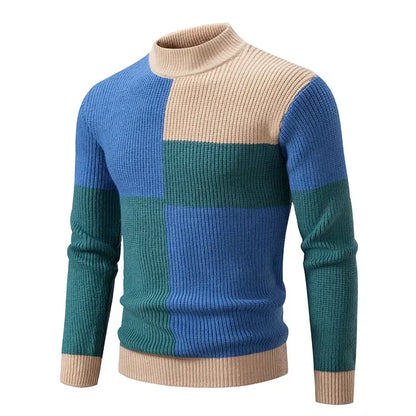 maoxiangshop Men's Autumn Winter New Mock Neck Pullovers Fashion Patchwork Knitted Warm Sweater Man Slim Fit Casual Knitwear Sweaters Tops