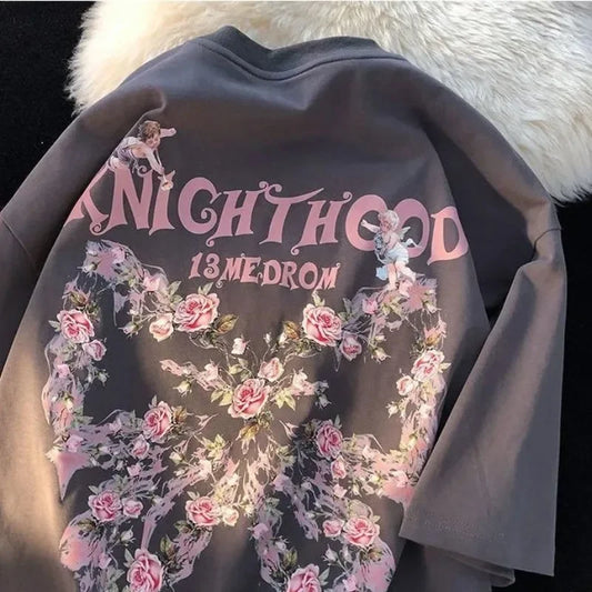maoxiangshopAmerican Style Retro Loose Rose Butterfly Angel Printing Short Sleeve T-shirt for Men and Women Lovers Summer Loose Casual Top
