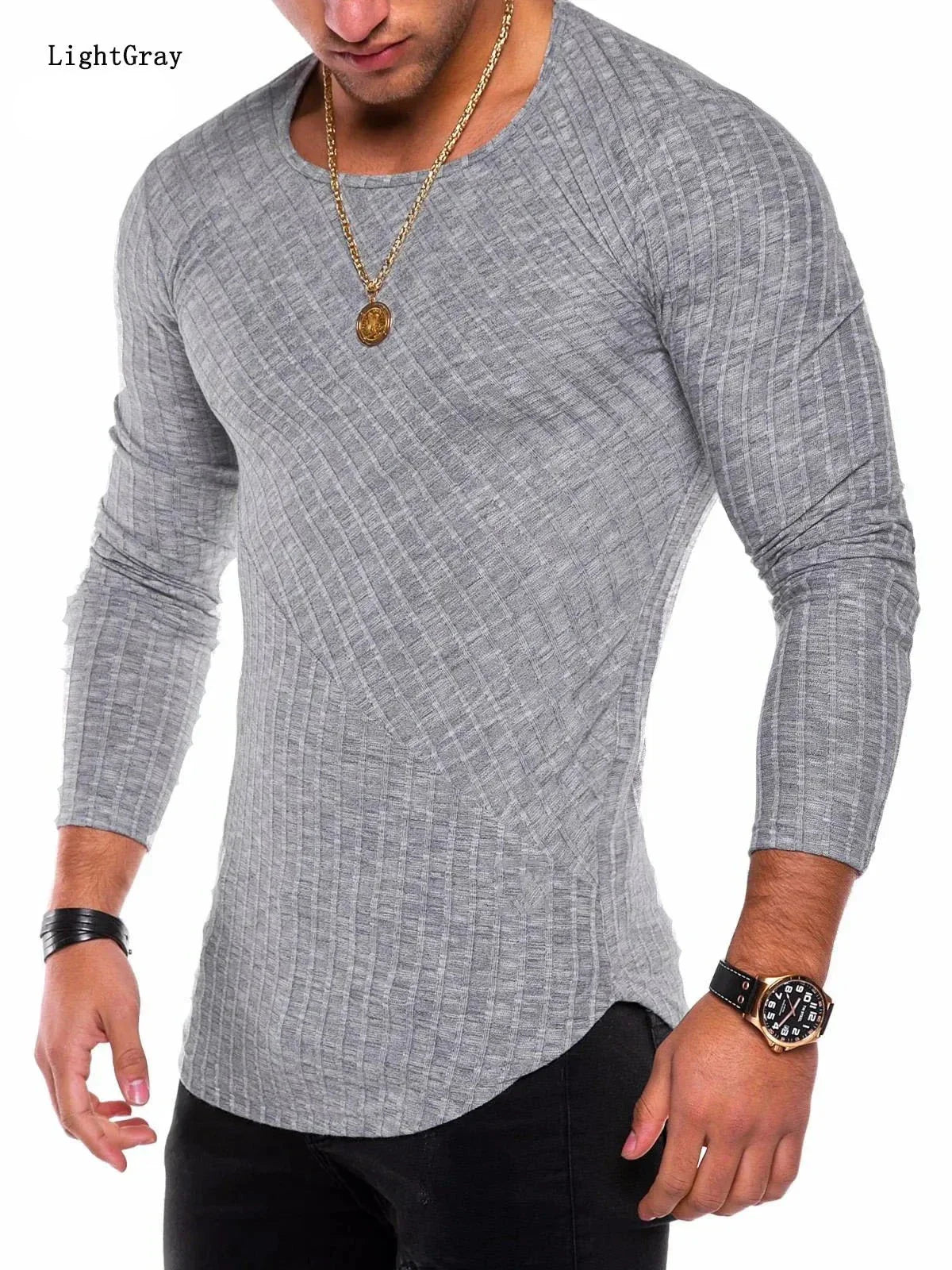 maoxiangshop New Pit Strip Solid Color Stitching Arc Bottom Bottom Shirt Round Neck Men's T-shirt