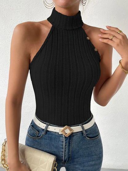 maoxiangshop 2024 New Spring Summer Women Fashion Turtleneck Sleeveless Black Sexy Y2k Knitted Tees Femme Sweater Button Tank