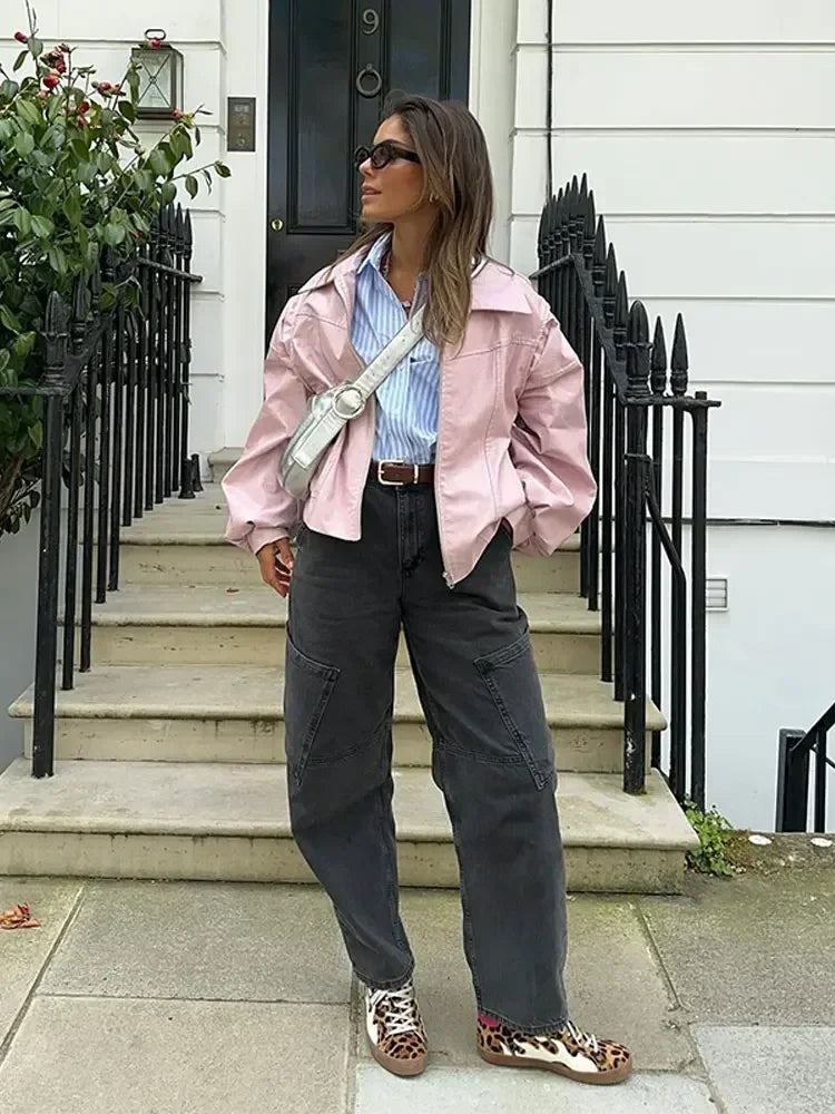 maoxiangshop  -  Chic Women Solid Pink Short Leather Jacket Elegant Lapel Lantern Long Sleeves Zipper Crop Coat Autumn Lady Commuting Outerwear