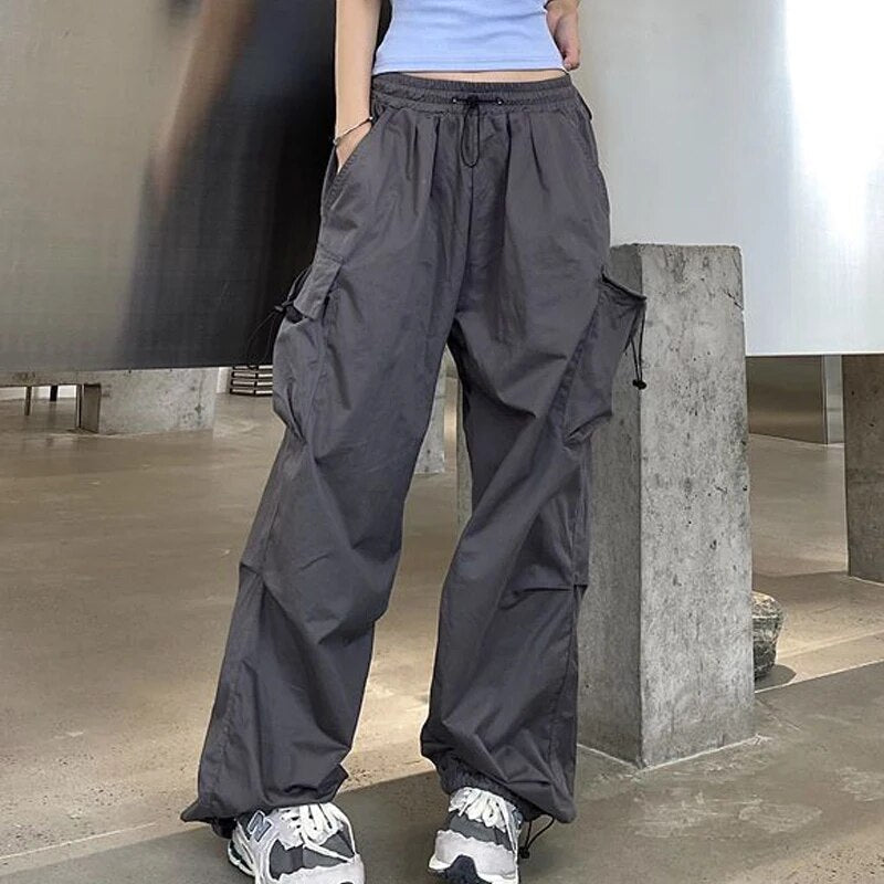 maoxiangshop Hip Hop Women Cargo Pants Streetwear All Match Y2K Wide Leg Pants Korean Elastic Waist Sweatpants Female Chic Trousers