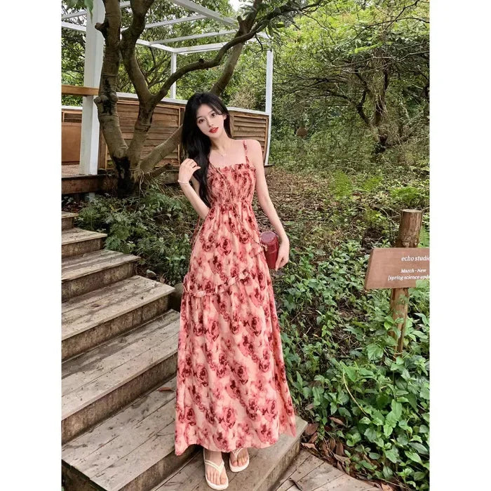 Summer New Sweet Elegant Halter Dress Slash Neck Floral High Waist Pleats Long Dress Patchwork Holiday Style Boho Dress