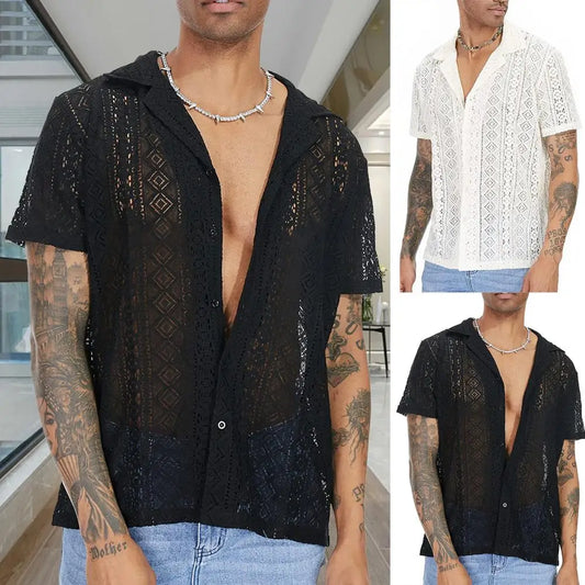 maoxiangshop Stylish Men T-shirt Mid-length Solid Color Soft Breathable See-through Men Shirt  Men Shirt Daily Wear