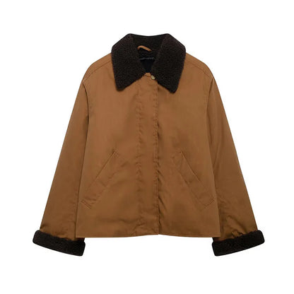 maoxiangshop  -  Contrast Lapel Women's Jackets Casual Long Sleeve Zipper Pocket Female Coats 2024 Autumn Winter Fashion Lady Streetwear Outwears