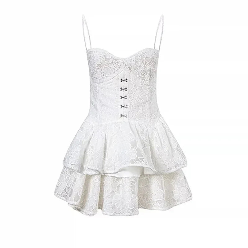 maoxiangshop Japanese Kawaii Lolita Dress Women Elegant Sweet Lace Ruffles White Strap Dresses Sexy Korean Fashion Birthday Party Fairy Dress