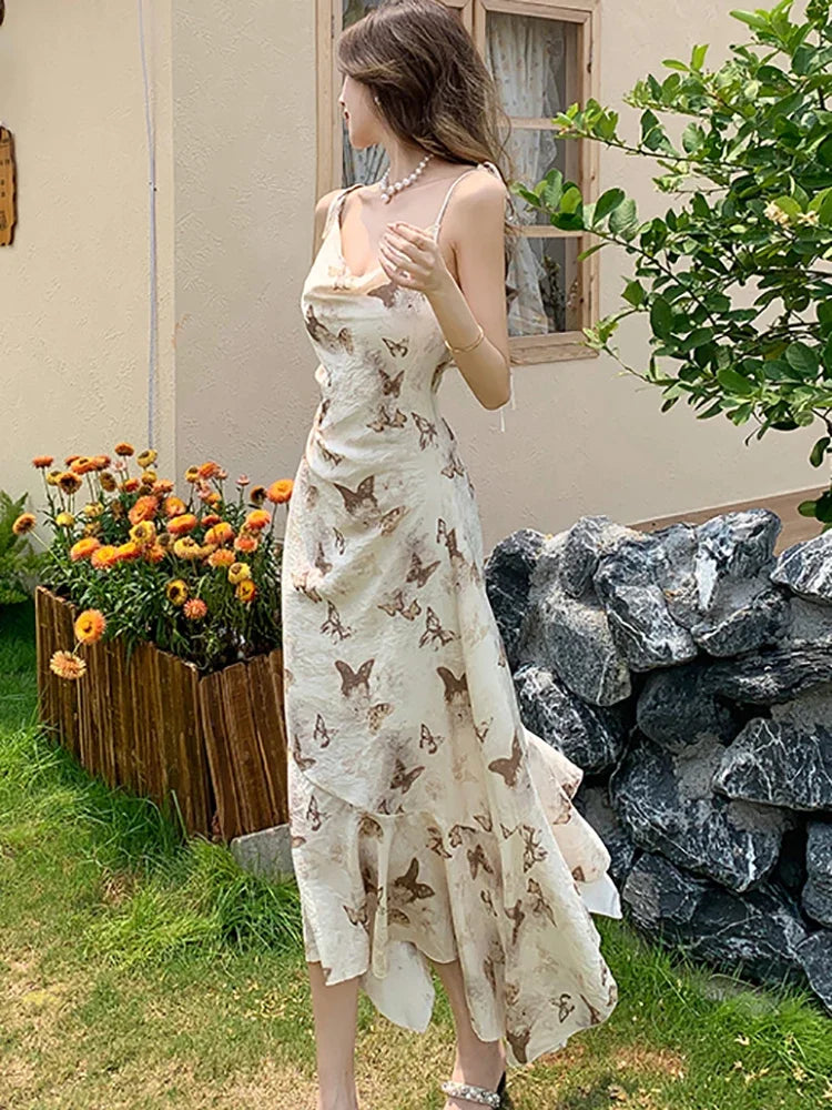 2024 New Print Chiffon Bow Sling Long Dress Summer Elegant Ruffled Mermaid Dress Women Korean Fashion Bodycon Casual Beach Dress