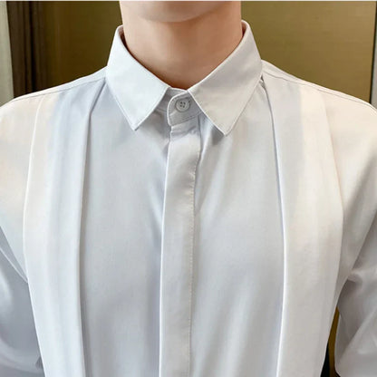 maoxiangshop British Style Fashion Fold Design Tuxedo Shirts Men Long Sleeve Slim Fit Casual Shirt Social Party Tops Plus Size 4XL 5XL