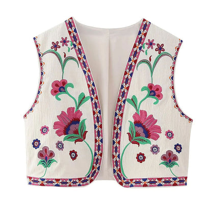 maoxiangshopWomen Fashion Y2k Vintage Floral Embroidery Vest Top V Neck Loose Casual Summer Woman Short Cardigan Waistcoat Chic Tops