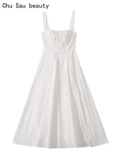 Chu Sau beauty 2024 Women Fashion Sweet Bow Tie French Midi Dress Cute Square Collar Sexy Slim Backless Split Straped Dresses