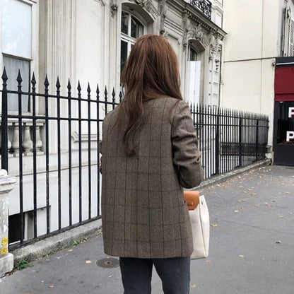 maoxiangshop Women's Plaid Brown Blazer Coat Elegant Female Autumn Business Style Outfits Polyester Spring Jacket Tops Korean Overcoat