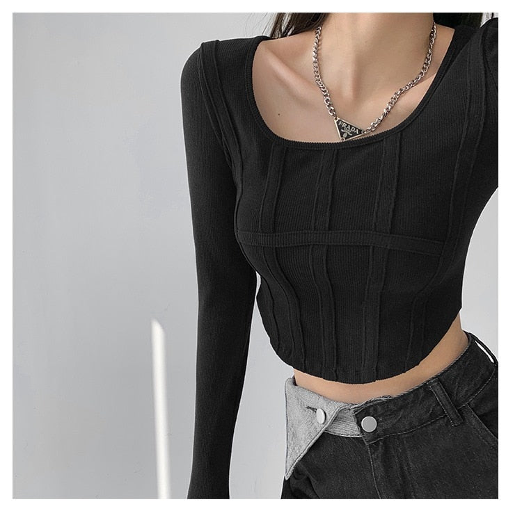 maoxiangshop Y2k T-shirt Girls Crop Tops Spring Women Long Sleeve O Neck Cotton Shirts Bustier Harajuku Pullover Streetwear