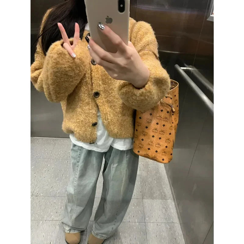maoxiangshop  -  Solid Yellow Knit Sweater Cardigan Women Autumn Soft Sweet Slouchy Long Sleeve Round Neck Cute Schoolgirl Daily Loose Outerwear