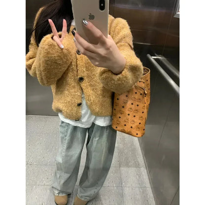 maoxiangshop  -  Solid Yellow Knit Sweater Cardigan Women Autumn Soft Sweet Slouchy Long Sleeve Round Neck Cute Schoolgirl Daily Loose Outerwear