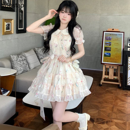 maoxiangshop Summer Sweet Lolita Style Fairy Dress Women Cute Peter Pan Collar Floral Ruffles Princess Dresses Female Chic Vacation Vestidos