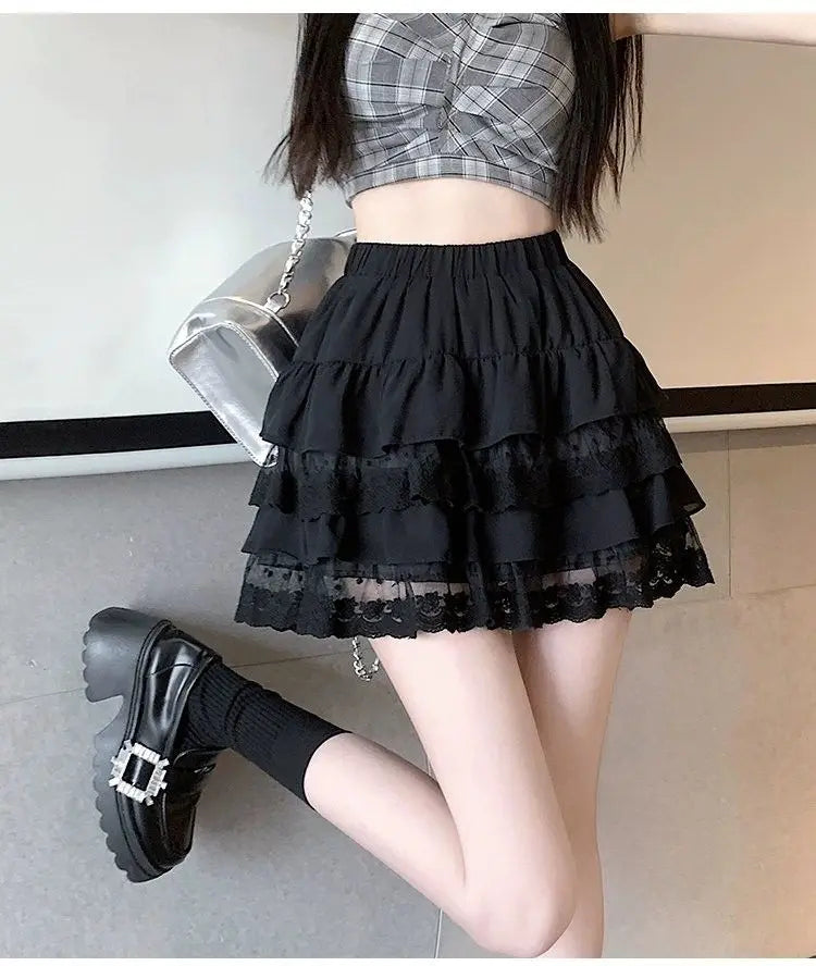 White Lace Pleated Skirt Women Japanese Kawaii Clothing Lace Cake Mini Skirts Even Party Clothing Summer Beach Style