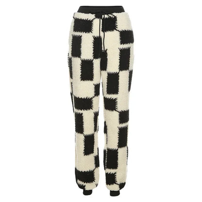 maoxiangshop  -  Autumn and Winter Women's Trend Long-sleeved Zipper Half-open Collar Plush Jacket Fashion Contrast Color Casual Trousers