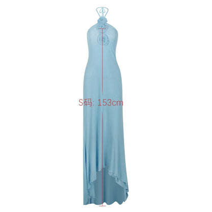 Blue Elegant and Beautiful Womens Dresses for Beach Sexy Halter See Through Mesh Dress Floor Length Appliques Dress