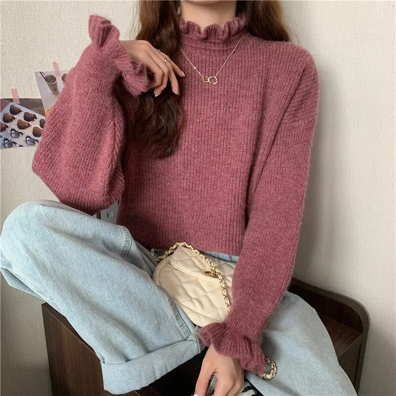 maoxiangshop Women Ruffles Thicken Warm Sweater Mock Neck Flare Sleeve Sweet Pullovers Solid Casual Sweater For Women Fall Winter