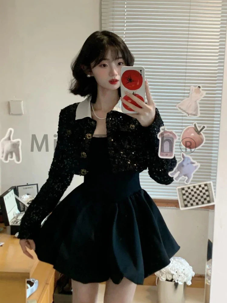 maoxiangshop Winter French Elegant One Piece Dress Women Black Patchwork Vintage Party Mini Dress Female Korean Style Sweet Chic Dress