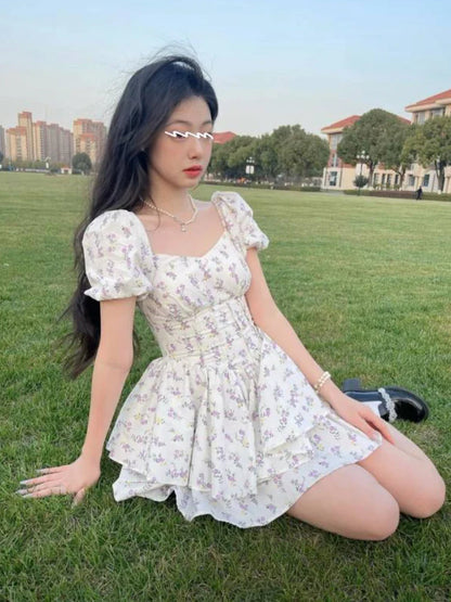 maoxiangshop High Waist Dress Women Summer Floral Sweet Square Collar Puff Sleeve Princess Girlish Tender Elegant Korean Style Preppy Chic