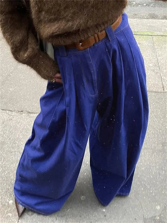 maoxiangshop  -  Female Loose Wide Leg Trousers High Waist Pocket Patchwork Solid Streetwear Vintage Straight Autumn Y2k Women Flared Pants