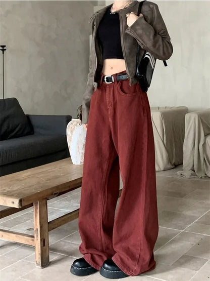 Y2K Red Baggy Jeans Women Oversize Denim Pants Acubi Fashion Loose High Waist Wide Leg Trousers Harajuku Streetwear