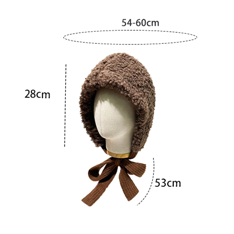 maoxiangshop  -  Lamb Wool Beanies for Women Winter Plush Warm Pullover Hats Thickened Windproof Ear Protection Cap Red Steeple Christmas Bonnets
