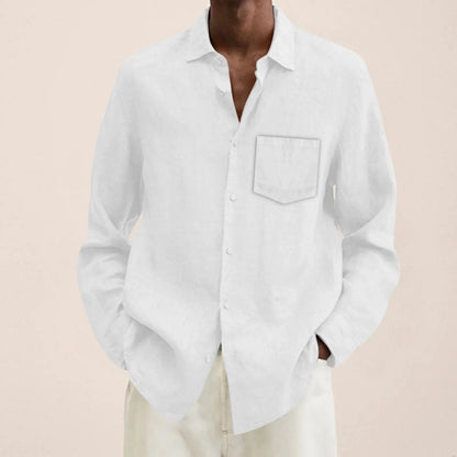 maoxiangshop Male Summer Cotton Linen Solid Casual Plus Size Loose Shirt Mens Turn Down Long Sleeve Shirt