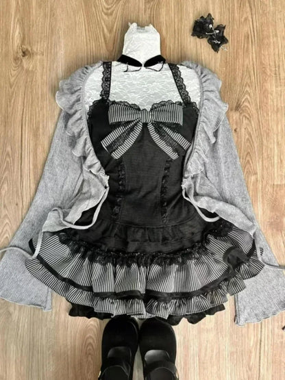 maoxiangshop  -  Sweet Lolita Lace Up Ruffles Cardigan+ Sexy Slim Fit Strapless Vest Tops+ High Waist Ruched Skirts Early Autumn Three Piece Sets