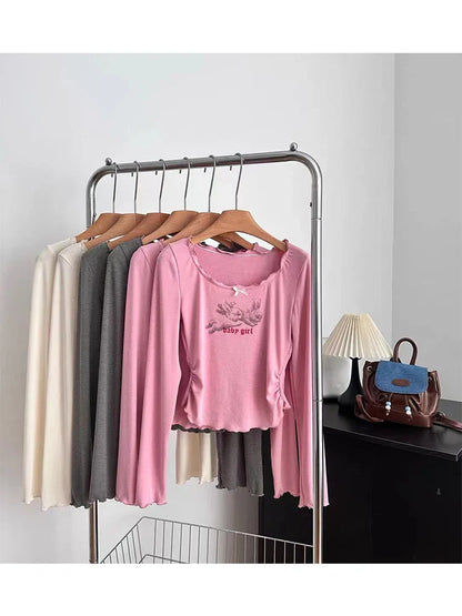 Autumn Women Korean Fashion Coquette Graphic Mori Girl T-Shirts Kawaii Tees Long Sleeve fairycore Crop Tops Gyaru Y2k Aesthetic