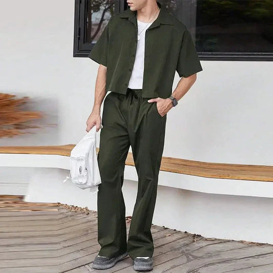 maoxiangshop 2024 Men Sets Solid Color Streetwear Lapel Short Sleeve Shirt & Pants Two Pieces Sets Fashion Men's Casual Suits S-5XL