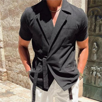 maoxiangshop Summer Solid Color Linen Short-sleeved Shirt Suit Lapel Strap French Elegant Gentleman Loose Casual Simple Top Men's Clothing