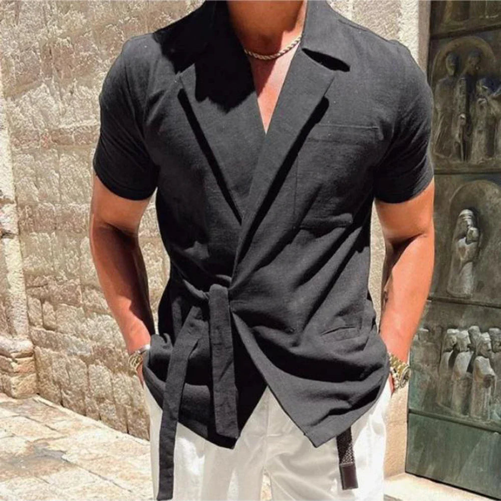 maoxiangshop Summer Solid Color Linen Short-sleeved Shirt Suit Lapel Strap French Elegant Gentleman Loose Casual Simple Top Men's Clothing