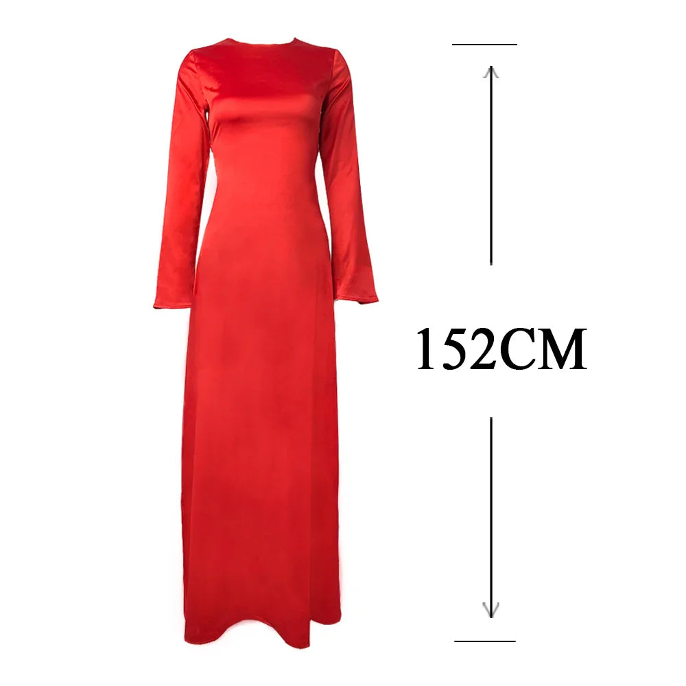 Long Maxi Evening Dress Red Satin Long Sleeve Formal Dresses Elegant Back Lace Up Party Dresses Women Clothing