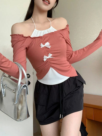 Autumn Women Two Pieces Set Halter Top Korean Fashion Gyaru Long Sleeve Crop Tops T-Shirts Y2k Streetwear Tees Coquette Girl New