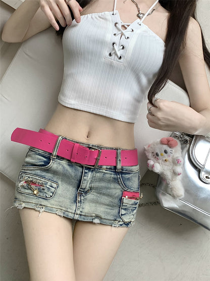 Y2K Vintage Women Korean Sexy Belted Short Denim Mini Skirts Aesthetic Fairy Grunge High Waiste Jeans A-line Skirt Alt Clothes